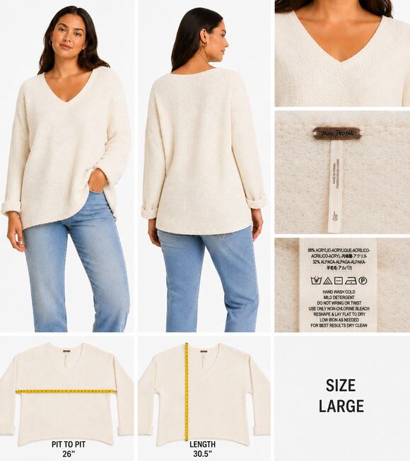 Free People Sweaters - Free People Alpaca Blend Cream Bouclé V-Neck Sweater Women's Large